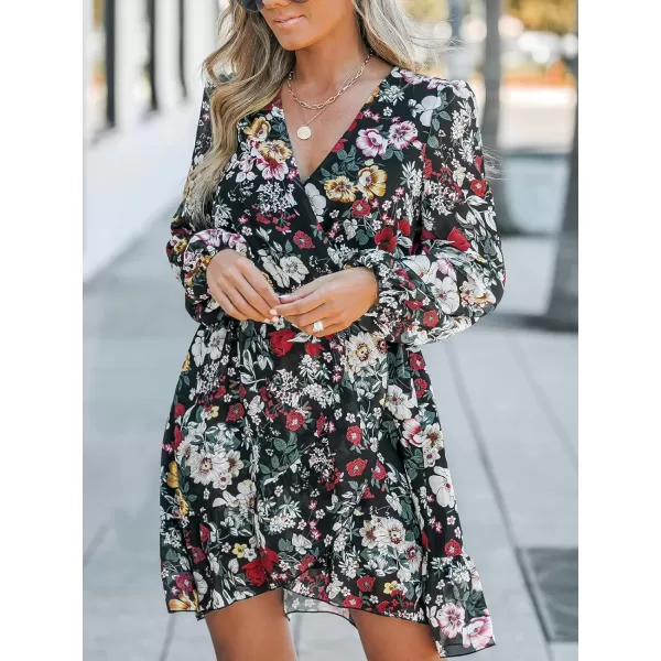 imageCUPSHE Womens Dress Sexy V Neck Wrap Long Sleeves Elastic ALined Mini Short DressesGreen Floral