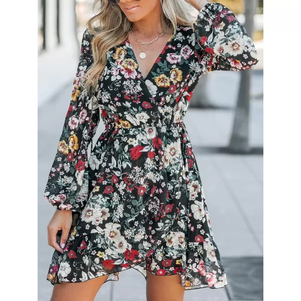 imageCUPSHE Womens Dress Sexy V Neck Wrap Long Sleeves Elastic ALined Mini Short DressesGreen Floral
