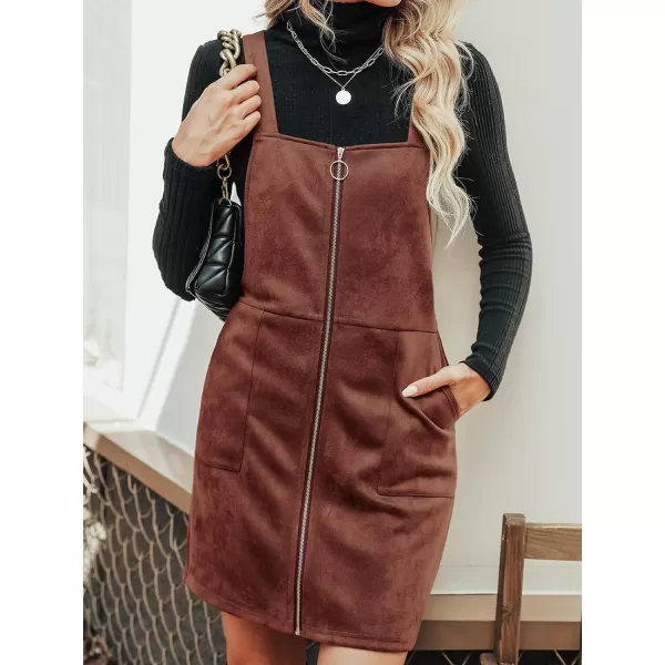 imageCUPSHE Womens Dress Square Neck PullRing Zipper Front Straps Autumn Warm Casual Faux Suede Mini DressesBrown