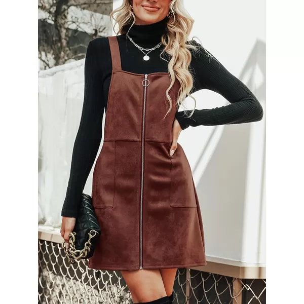 imageCUPSHE Womens Dress Square Neck PullRing Zipper Front Straps Autumn Warm Casual Faux Suede Mini DressesBrown