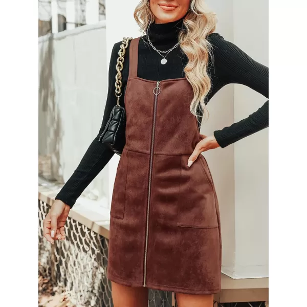 imageCUPSHE Womens Dress Square Neck PullRing Zipper Front Straps Autumn Warm Casual Faux Suede Mini DressesBrown