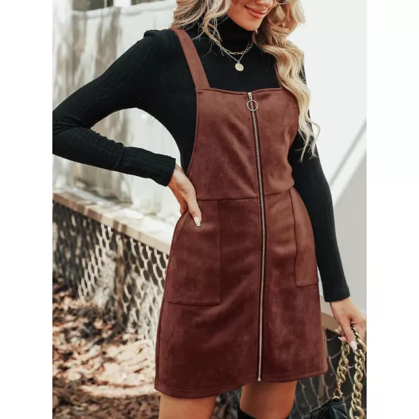 imageCUPSHE Womens Dress Square Neck PullRing Zipper Front Straps Autumn Warm Casual Faux Suede Mini DressesBrown