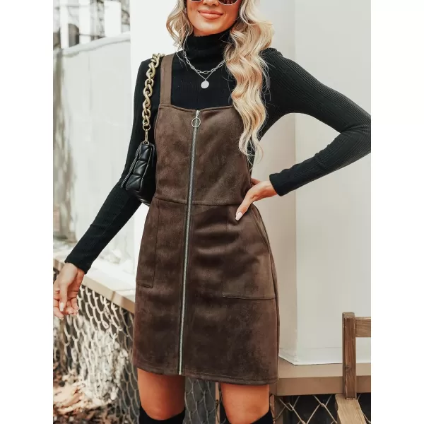 imageCUPSHE Womens Dress Square Neck PullRing Zipper Front Straps Autumn Warm Casual Faux Suede Mini DressesCoffee