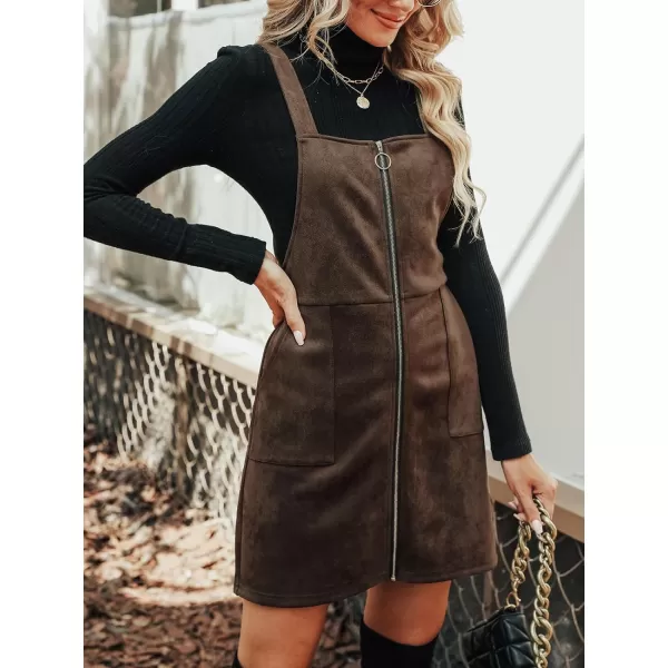 imageCUPSHE Womens Dress Square Neck PullRing Zipper Front Straps Autumn Warm Casual Faux Suede Mini DressesCoffee