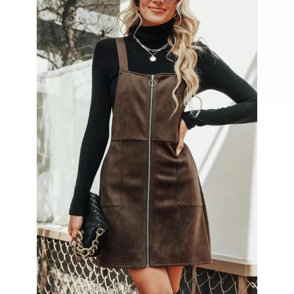imageCUPSHE Womens Dress Square Neck PullRing Zipper Front Straps Autumn Warm Casual Faux Suede Mini DressesCoffee