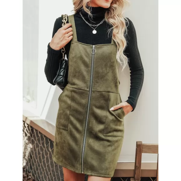 imageCUPSHE Womens Dress Square Neck PullRing Zipper Front Straps Autumn Warm Casual Faux Suede Mini DressesDark Green