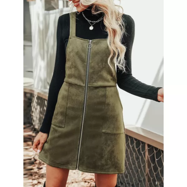 imageCUPSHE Womens Dress Square Neck PullRing Zipper Front Straps Autumn Warm Casual Faux Suede Mini DressesDark Green