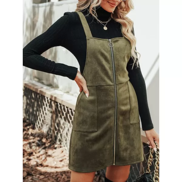 imageCUPSHE Womens Dress Square Neck PullRing Zipper Front Straps Autumn Warm Casual Faux Suede Mini DressesDark Green