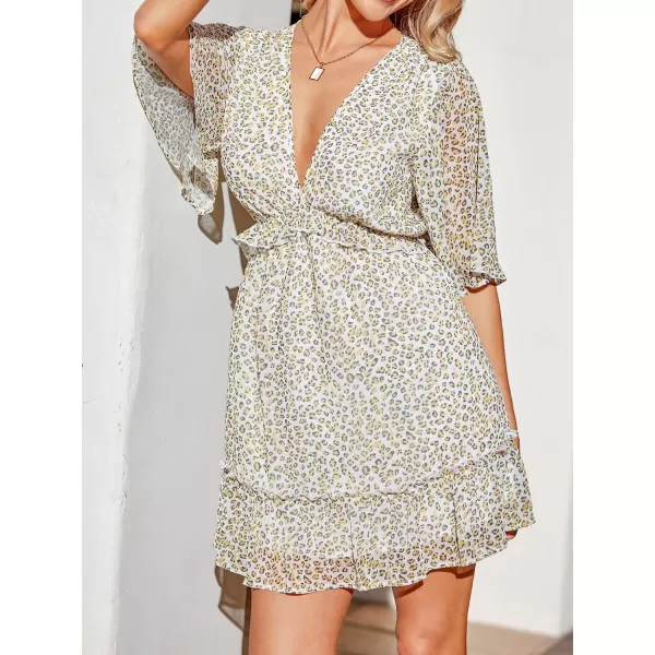 imageCUPSHE Womens Dress V Neck Short Sleeves Flounce Hem ALine Flowy Mini DressesWhite Leopard