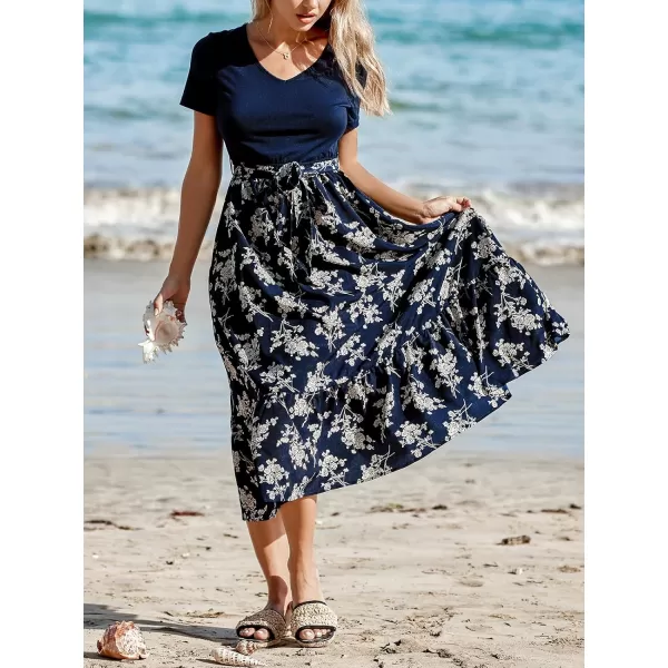 imageCUPSHE Womens Dress V Neckline Short Sleeves Floral Waist Tie Flowy Midi DressesNavy Blue