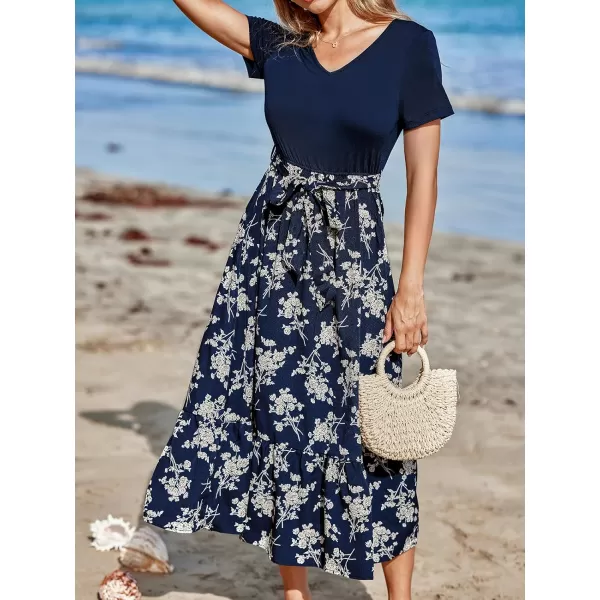 imageCUPSHE Womens Dress V Neckline Short Sleeves Floral Waist Tie Flowy Midi DressesNavy Blue