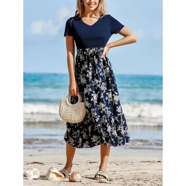 imageCUPSHE Womens Dress V Neckline Short Sleeves Floral Waist Tie Flowy Midi DressesNavy Blue