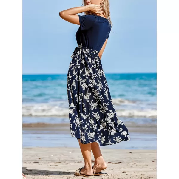 imageCUPSHE Womens Dress V Neckline Short Sleeves Floral Waist Tie Flowy Midi DressesNavy Blue