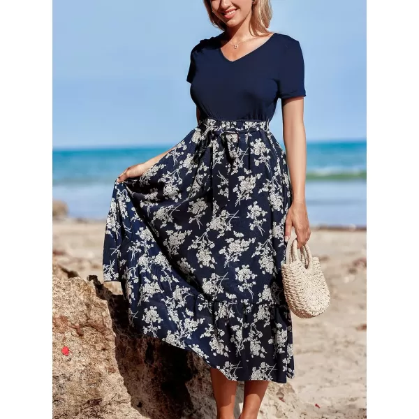 imageCUPSHE Womens Dress V Neckline Short Sleeves Floral Waist Tie Flowy Midi DressesNavy Blue