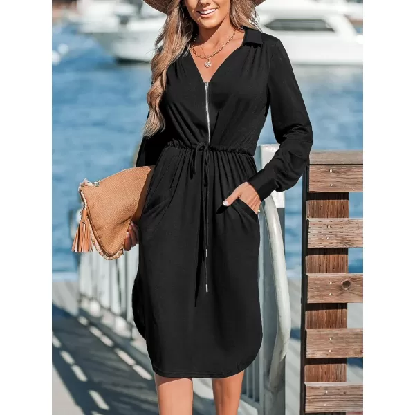 imageCUPSHE Womens Dresses V Neck Long Sleeves Front Zipper Drawstring Midi Dress with Side PocketsBlack