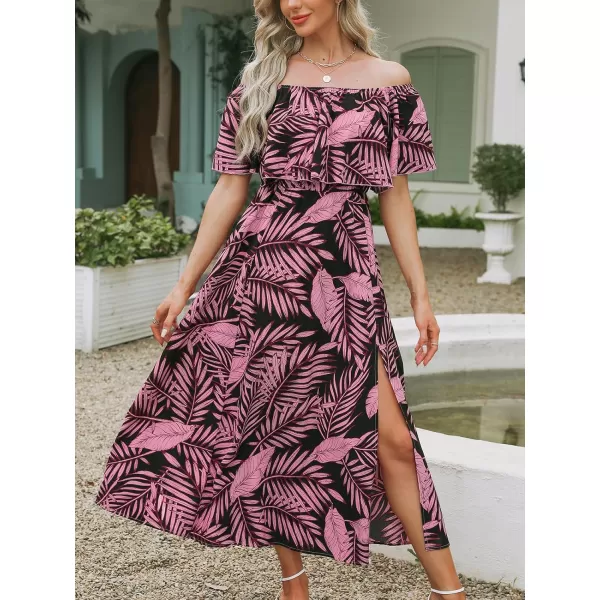 imageCUPSHE Womens Dresses for Summer A Line Dresses Off Shoulder Ruffle Maxi Tropical Printed DressBlack Leaf
