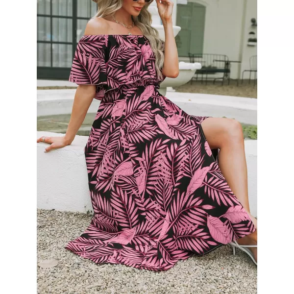 imageCUPSHE Womens Dresses for Summer A Line Dresses Off Shoulder Ruffle Maxi Tropical Printed DressBlack Leaf