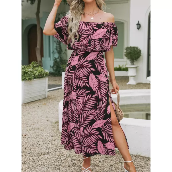 imageCUPSHE Womens Dresses for Summer A Line Dresses Off Shoulder Ruffle Maxi Tropical Printed DressBlack Leaf