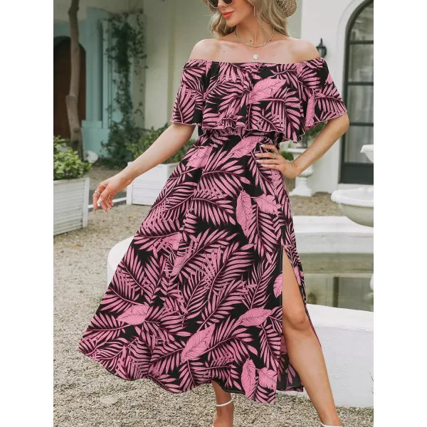 imageCUPSHE Womens Dresses for Summer A Line Dresses Off Shoulder Ruffle Maxi Tropical Printed DressBlack Leaf