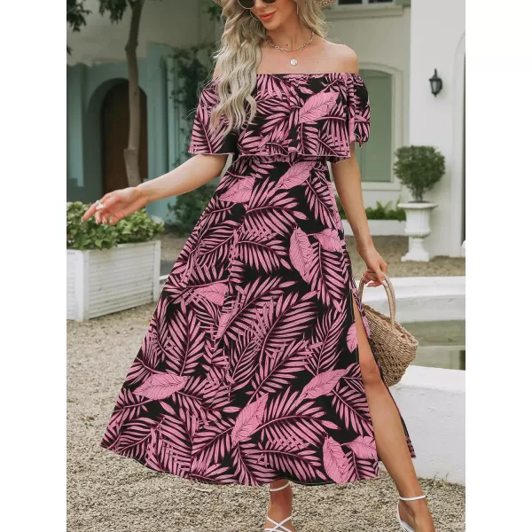 imageCUPSHE Womens Dresses for Summer A Line Dresses Off Shoulder Ruffle Maxi Tropical Printed DressBlack Leaf