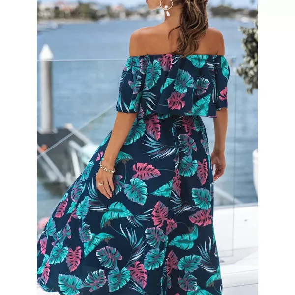 imageCUPSHE Womens Dresses for Summer A Line Dresses Off Shoulder Ruffle Maxi Tropical Printed DressBlue