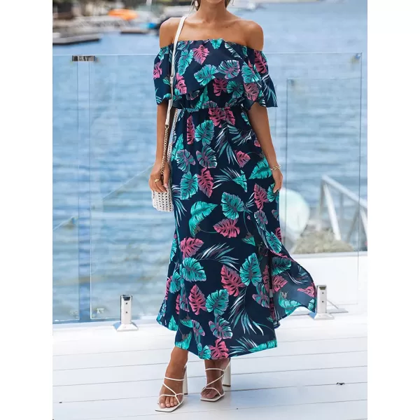 imageCUPSHE Womens Dresses for Summer A Line Dresses Off Shoulder Ruffle Maxi Tropical Printed DressBlue