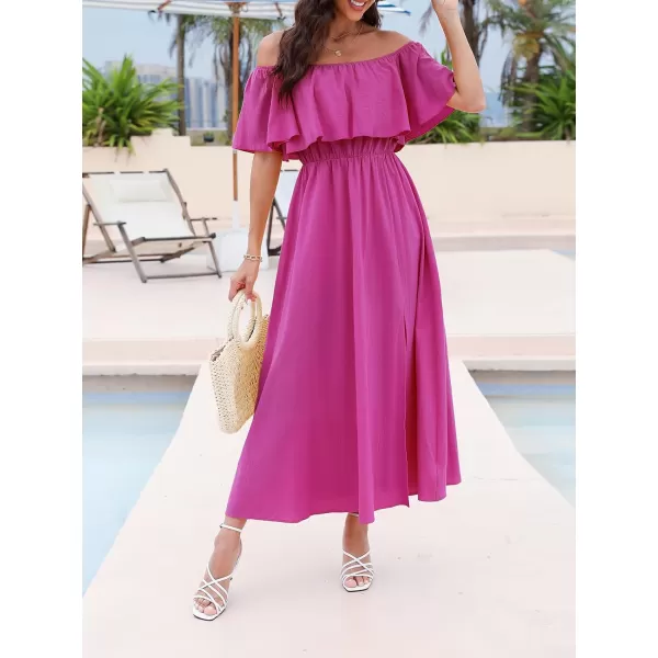 imageCUPSHE Womens Dresses for Summer A Line Dresses Off Shoulder Ruffle Maxi Tropical Printed DressFuchsia