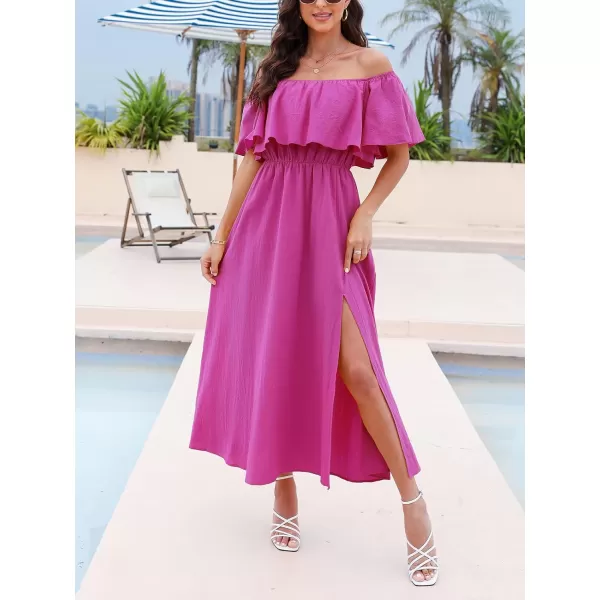 imageCUPSHE Womens Dresses for Summer A Line Dresses Off Shoulder Ruffle Maxi Tropical Printed DressFuchsia
