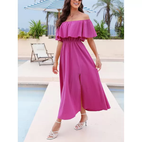 imageCUPSHE Womens Dresses for Summer A Line Dresses Off Shoulder Ruffle Maxi Tropical Printed DressFuchsia