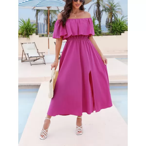 imageCUPSHE Womens Dresses for Summer A Line Dresses Off Shoulder Ruffle Maxi Tropical Printed DressFuchsia