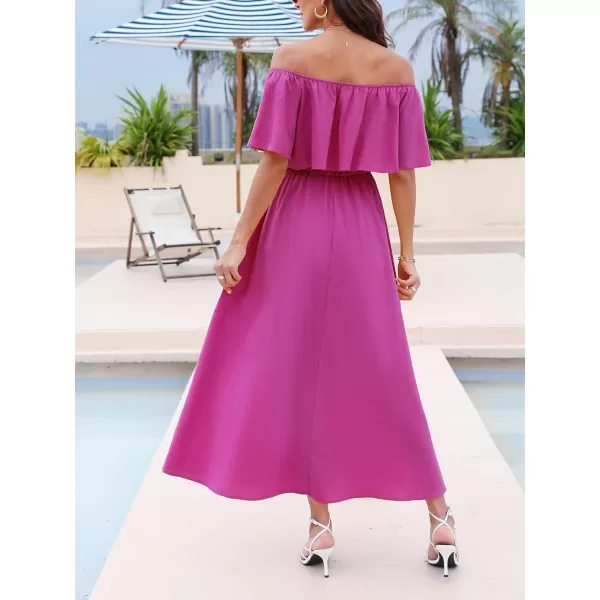 imageCUPSHE Womens Dresses for Summer A Line Dresses Off Shoulder Ruffle Maxi Tropical Printed DressFuchsia