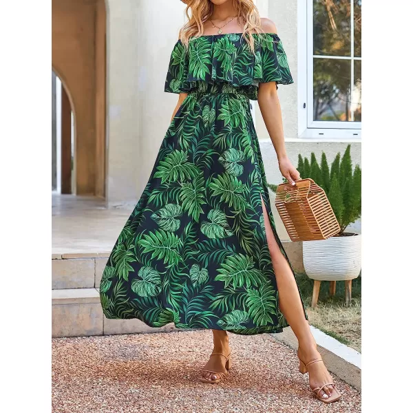 imageCUPSHE Womens Dresses for Summer A Line Dresses Off Shoulder Ruffle Maxi Tropical Printed DressGreen