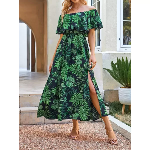 imageCUPSHE Womens Dresses for Summer A Line Dresses Off Shoulder Ruffle Maxi Tropical Printed DressGreen