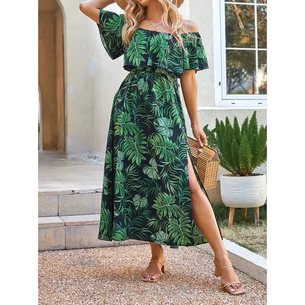 imageCUPSHE Womens Dresses for Summer A Line Dresses Off Shoulder Ruffle Maxi Tropical Printed DressGreen