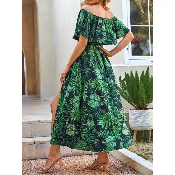 imageCUPSHE Womens Dresses for Summer A Line Dresses Off Shoulder Ruffle Maxi Tropical Printed DressGreen