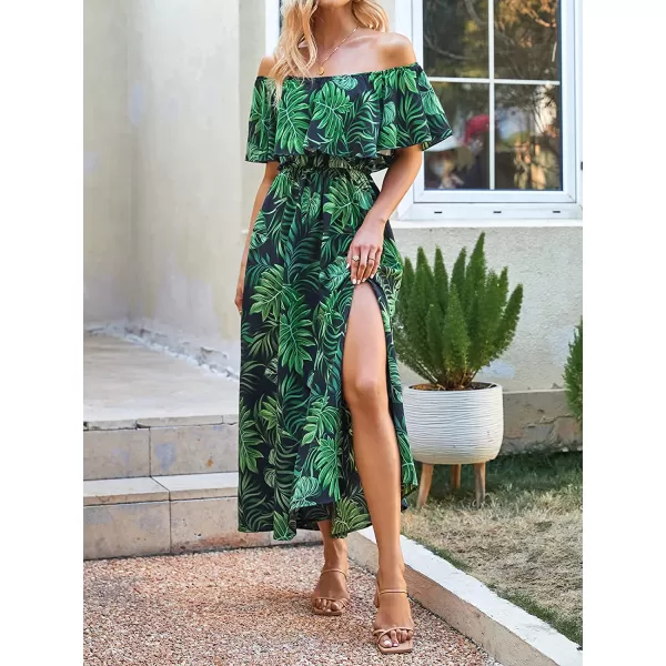 imageCUPSHE Womens Dresses for Summer A Line Dresses Off Shoulder Ruffle Maxi Tropical Printed DressGreen