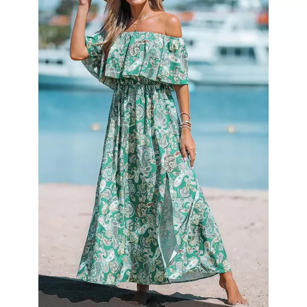imageCUPSHE Womens Dresses for Summer A Line Dresses Off Shoulder Ruffle Maxi Tropical Printed DressGreen Floral