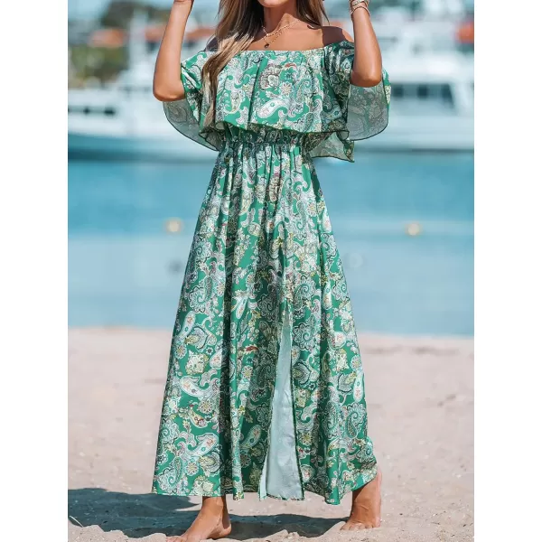 imageCUPSHE Womens Dresses for Summer A Line Dresses Off Shoulder Ruffle Maxi Tropical Printed DressGreen Floral