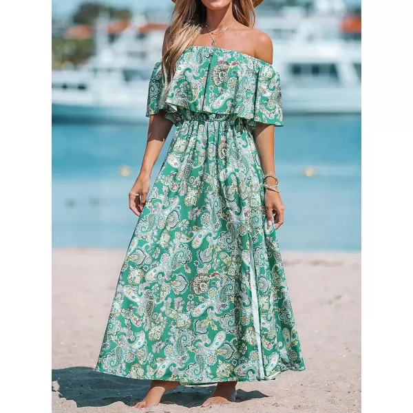imageCUPSHE Womens Dresses for Summer A Line Dresses Off Shoulder Ruffle Maxi Tropical Printed DressGreen Floral