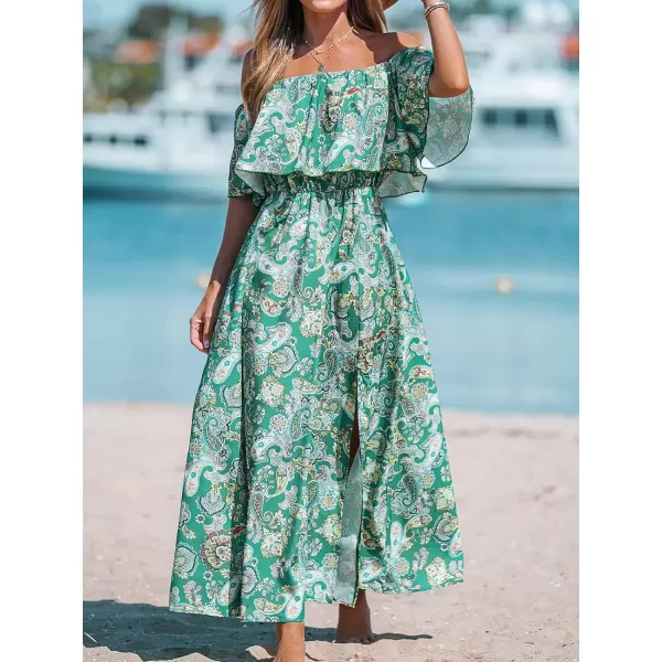 imageCUPSHE Womens Dresses for Summer A Line Dresses Off Shoulder Ruffle Maxi Tropical Printed DressGreen Floral