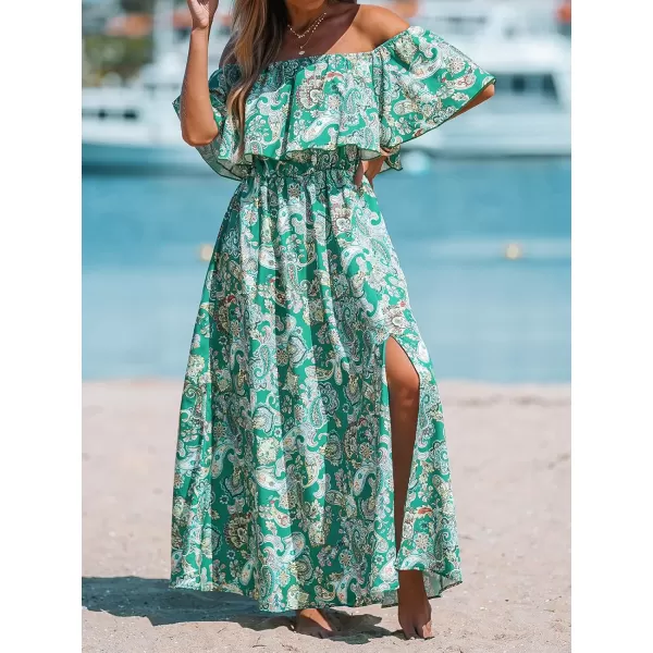 imageCUPSHE Womens Dresses for Summer A Line Dresses Off Shoulder Ruffle Maxi Tropical Printed DressGreen Floral