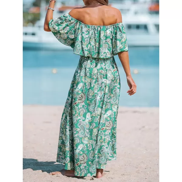 imageCUPSHE Womens Dresses for Summer A Line Dresses Off Shoulder Ruffle Maxi Tropical Printed DressGreen Floral