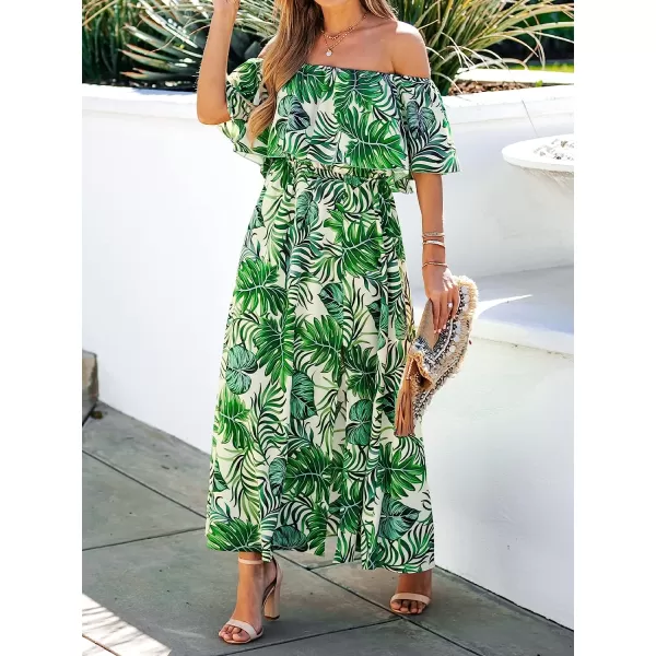 imageCUPSHE Womens Dresses for Summer A Line Dresses Off Shoulder Ruffle Maxi Tropical Printed DressLight Green