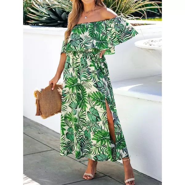 imageCUPSHE Womens Dresses for Summer A Line Dresses Off Shoulder Ruffle Maxi Tropical Printed DressLight Green