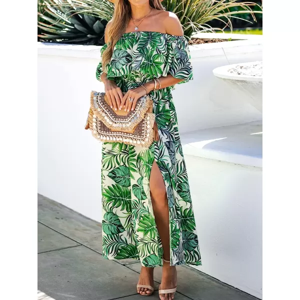 imageCUPSHE Womens Dresses for Summer A Line Dresses Off Shoulder Ruffle Maxi Tropical Printed DressLight Green