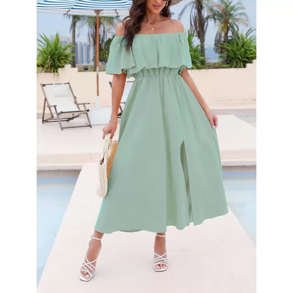 imageCUPSHE Womens Dresses for Summer A Line Dresses Off Shoulder Ruffle Maxi Tropical Printed DressMint