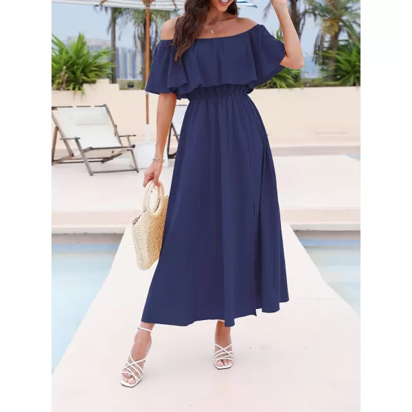 imageCUPSHE Womens Dresses for Summer A Line Dresses Off Shoulder Ruffle Maxi Tropical Printed DressNavy Blue