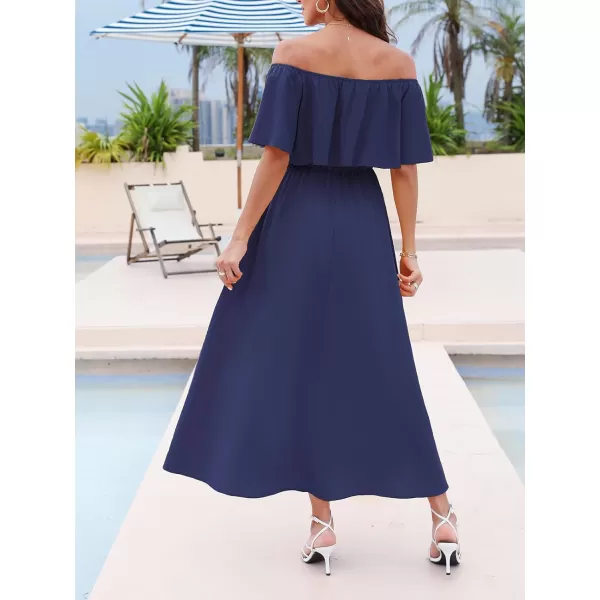 imageCUPSHE Womens Dresses for Summer A Line Dresses Off Shoulder Ruffle Maxi Tropical Printed DressNavy Blue