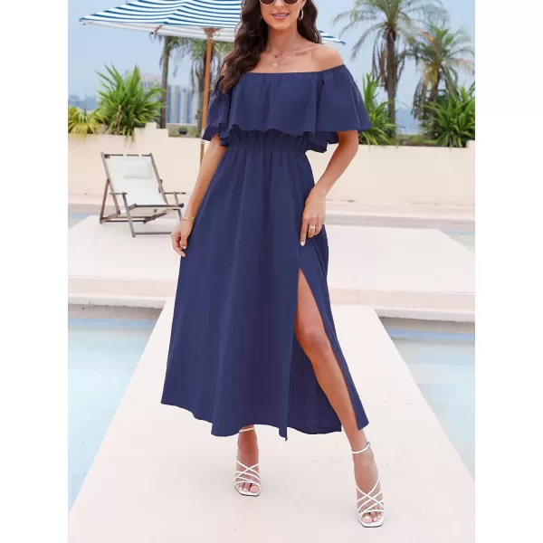 imageCUPSHE Womens Dresses for Summer A Line Dresses Off Shoulder Ruffle Maxi Tropical Printed DressNavy Blue