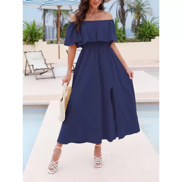 imageCUPSHE Womens Dresses for Summer A Line Dresses Off Shoulder Ruffle Maxi Tropical Printed DressNavy Blue
